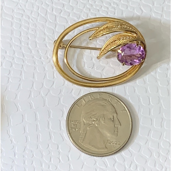 RARE-Antique 14 Karat Yellow Gold Filled Filigree Amethyst Brooch - Picture 12 of 16